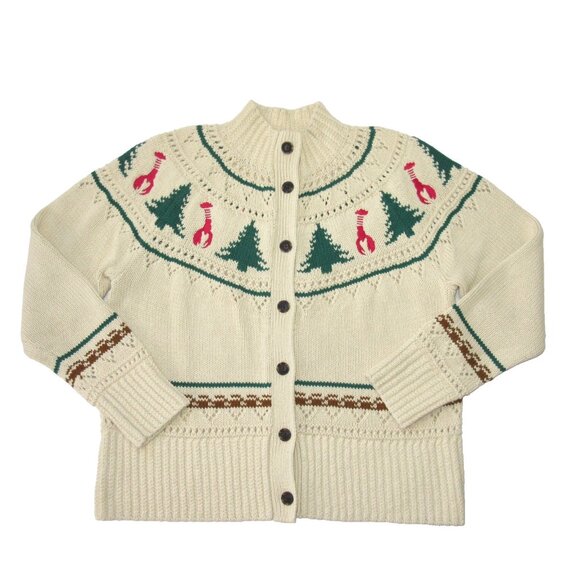 NWT L.L. Bean Signature Cotton Fisherman Sweater Lobster Fair Isle Cardigan XL - Picture 1 of 7